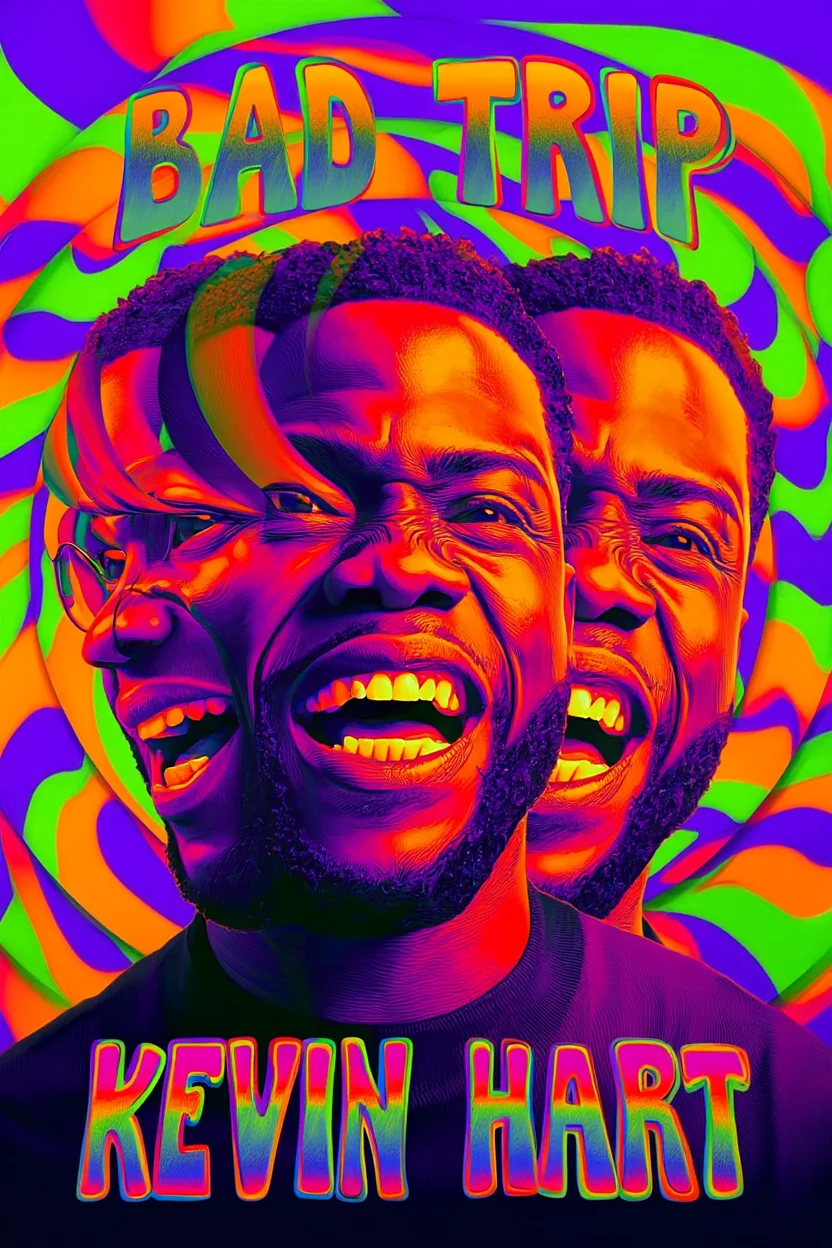 A 1970s-inspired psychedelic movie poster features comedian Kevin Hart's face split into multiple overlapping versions, each at a different angle, against a swirling background of neon colors including purple, green, and orange. The text "BAD TRIP" appears in distorted, melting letters at the top of the poster, while smaller text reading "KEVIN HART" is positioned at the bottom in a warped, rainbow-colored font. The background includes spiraling patterns and fractal-like geometric shapes typical of surrealist art from the 1970s acid art movement. Psychedelic poster art with high saturation colors and surreal visual effects.