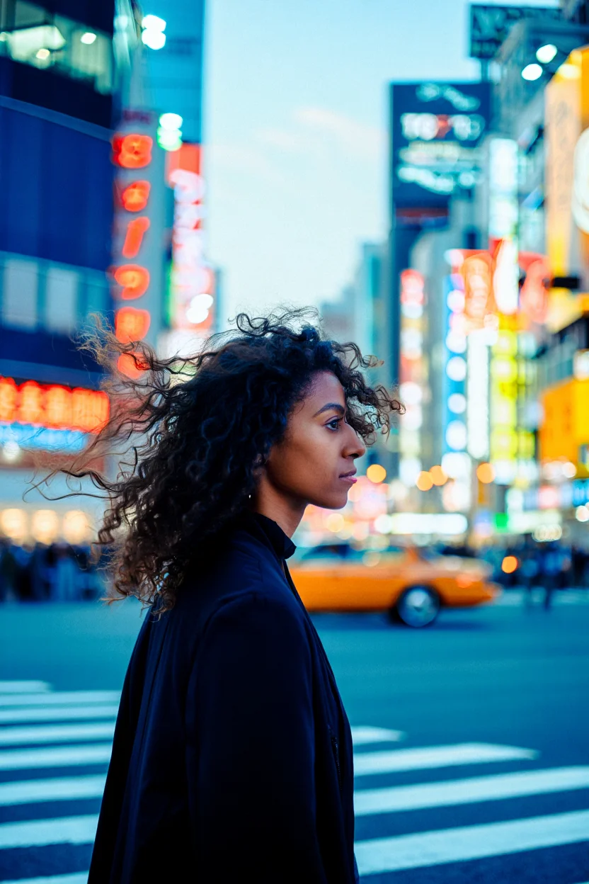 A street photographer captures a woman with wind-blown curly hair paused on a crosswalk, backlit by neon signs of a bustling city at twilight. The blurred lights create vibrant bokeh effects around her, with reflections shimmering on the wet asphalt. The image has a cinematic quality, emphasizing the dynamic energy of city life with rich, saturated colors.