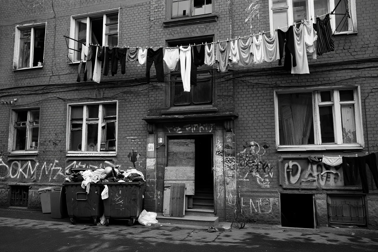 A documentary photograph captures daily life in an impoverished urban neighborhood. A dilapidated brick apartment building with broken windows and peeling paint dominates the scene. Multiple clotheslines stretch between windows, holding worn clothing. A metal trash bin overflows onto the cracked concrete sidewalk below. The entrance shows exposed wooden boards where the door should be. Graffiti covers the lower portion of the building walls. Black and white documentary photography with high contrast lighting and grainy film texture.