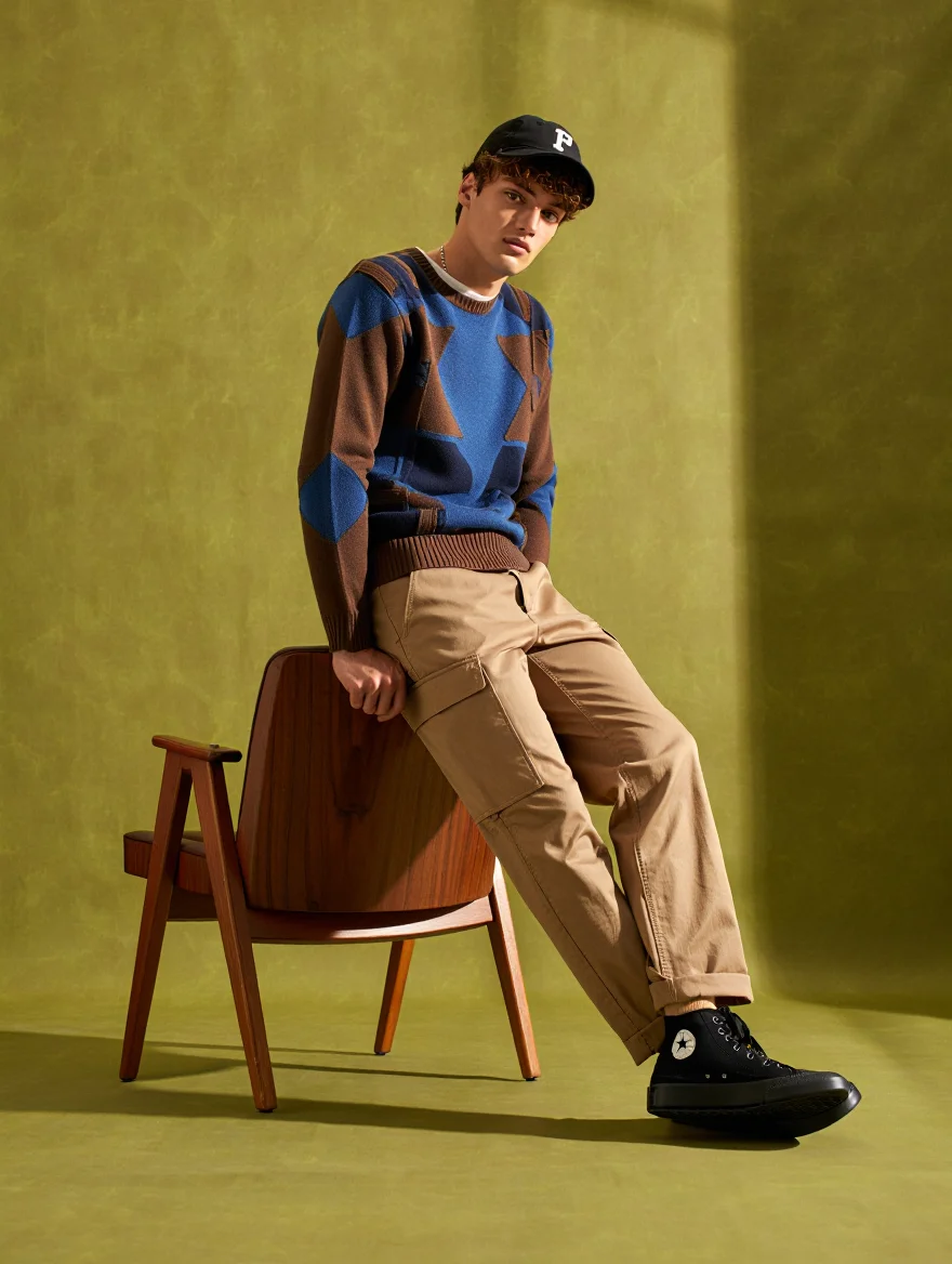 A fashion advertisement set in a naturally lit studio, featuring a young male model leaning against a mid-century modern wooden chair. He wears a geometric patterned sweater combining brown and blue tones, paired with khaki cargo pants and black high-top sneakers. A black baseball cap with a white 'P' logo sits backward on his head. The backdrop is a textured olive green wall, softly illuminated by the late afternoon sun. The model's relaxed pose and the warm lighting create a casual and approachable, yet stylish image.