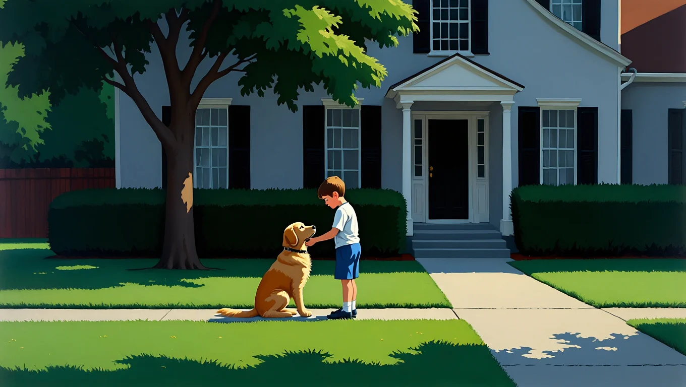 A simple and stark Edward Hopper-style painting depicts a child wearing a white t-shirt and blue shorts playing with a golden retriever dog on a sunlit suburban front yard. The yard features neatly trimmed green grass, with a concrete walkway leading to a white two-story house with black shutters. The scene shows desaturated colors, with the child reaching out to pet the dog who is sitting attentively. A mature maple tree with green leaves casts dappled shadows across the lawn. American realist painting with flat details, simplified forms, and desaturated colors against strong light and shadow contrasts.