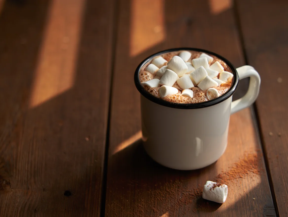A steaming mug of hot chocolate, topped with a mountain of mini marshmallows, sits on a dark, knotty wooden table. Golden morning light casts long shadows across the scene. A single marshmallow rests on the table beside the mug, dusted with cocoa powder. Close-up, shallow depth of field.