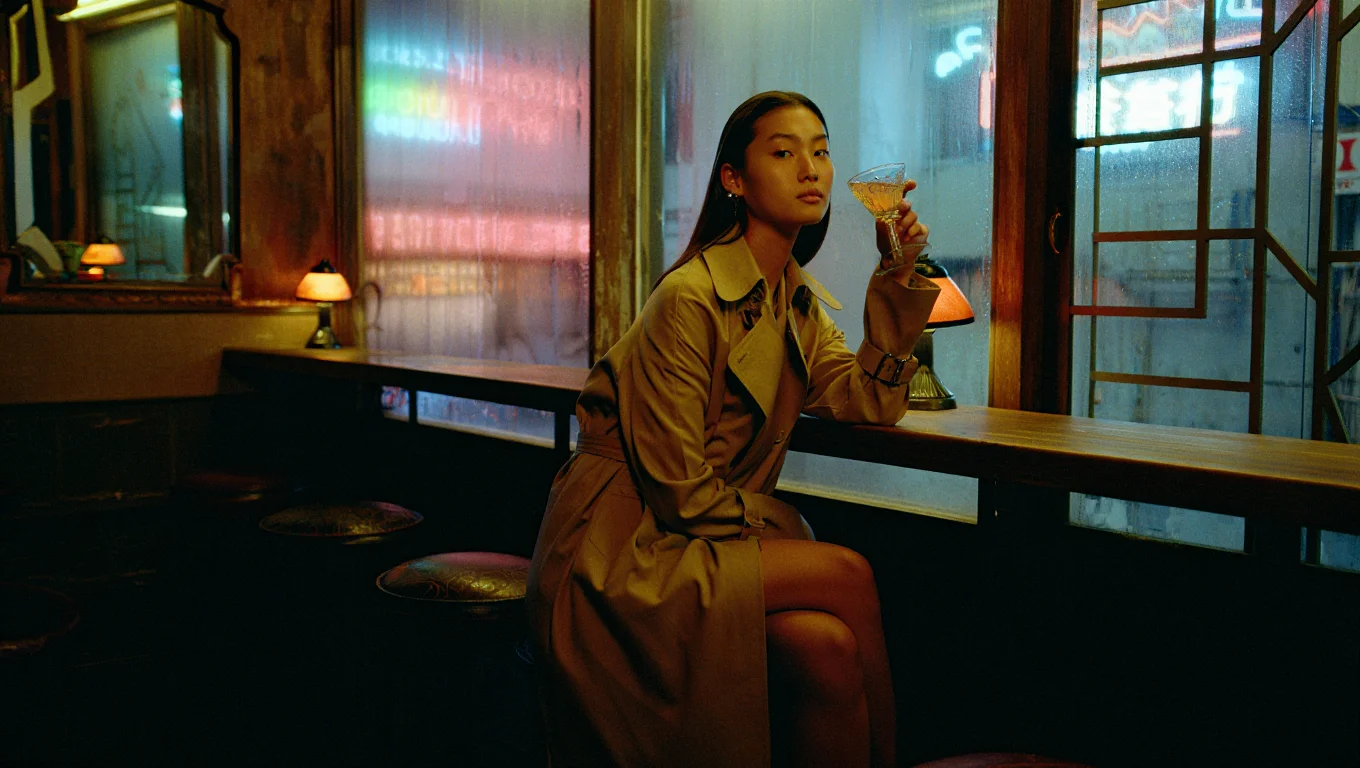 A lone woman in a trench coat sits at a vintage bar inside a Japanese jazz club, illuminated by streaks of neon from the rainy street. She holds a cocktail, its reflection shimmering in the art deco mirrors lining the walls. The low-key lighting is a blend of neon signs reflecting off the wet street outside, dim table lamps, and the soft glow of the bar, captured with a grainy film aesthetic. The scene is rich with texture, from the worn leather of the bar stools to the smoke swirling in the air.