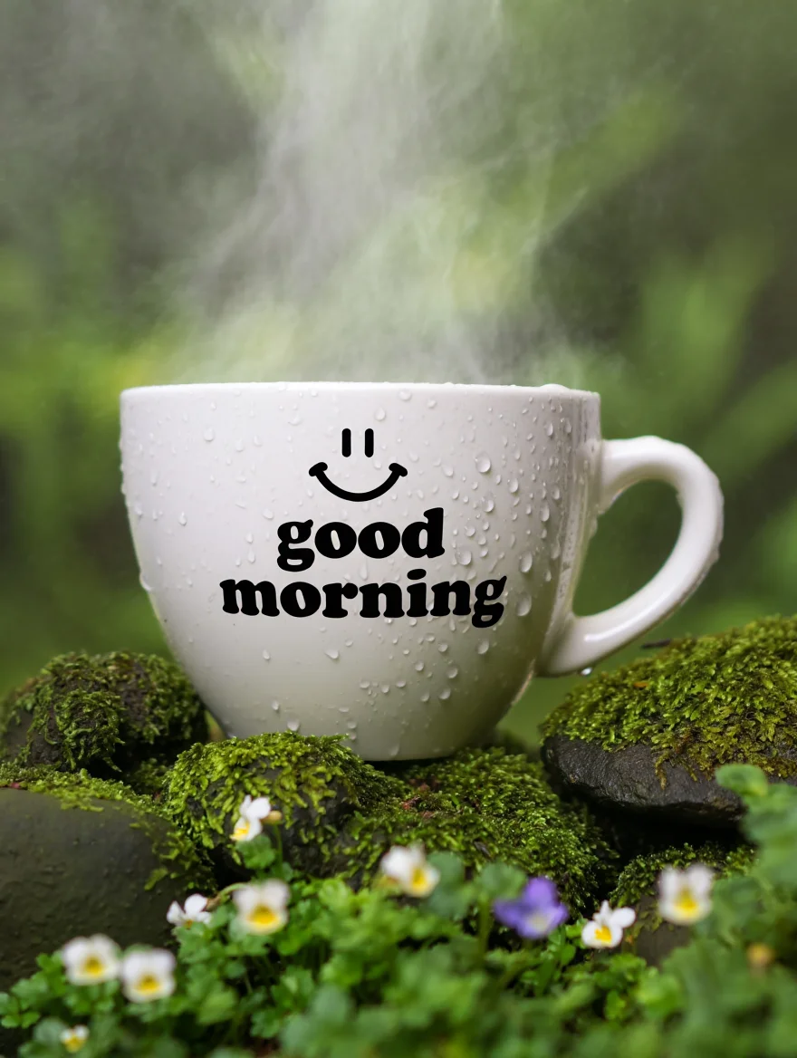 A white ceramic coffee cup sits among green moss-covered rocks and small white wildflowers in a forest setting. The cup has text reading "good morning" in black Cooper Black font wrapping around its surface, with a simple black smiley face logo positioned at the top. Water droplets collect on the cup's surface, while morning mist partially obscures the background foliage. Small purple and yellow wildflowers peek through the moss at the base of the rocks. Soft focus photography with natural lighting and atmospheric haze creating dreamy lighting effects.