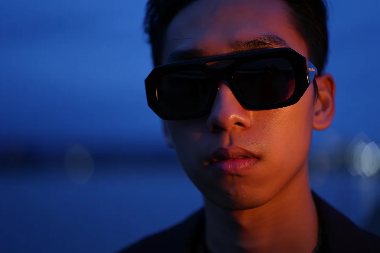 A close-up portrait of a Gen Z influencer in their early 20s, sporting black Gentle Monster sunglasses with bold rectangular frames. They are bathed in the warm, golden light of the setting sun, creating a dramatic contrast against a deep blue twilight sky. The subject's face is turned directly at the camera, their expression stoic and enigmatic behind the sunglasses, the primary focus of the composition. Shot with a shallow depth of field, the background gently blurs, emphasizing the subject and their stylish eyewear.