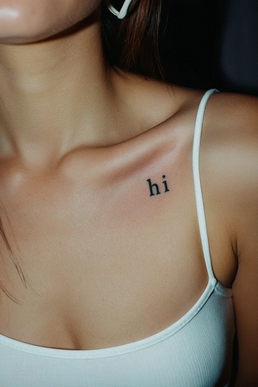 A 1990s-erafaded photograph showing a close-up view of a woman's collarbone area. The woman wears a white tank top with thin straps. A black tattoo in lowercase Times New Roman font reading "hi is visible on her collarbone. The photograph has a grainy, low resolution quality typical of 1990s consumer cameras, with slightly washed-out colors and reduced contrast. Low resolution film photography with faded colors and soft focus characteristic of 1990s consumer cameras.