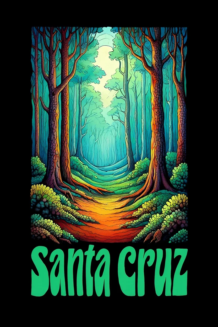 A forest poster created in stipple dot technique laid atop gouache watercolors. The text "Santa Cruz" appears in wavy, psychedelic lettering at the bottom of the composition in deep green. The overall aesthetic combines retro 70s design elements with surreal distortions of reality. Vintage 1970s poster art with psychedelic colors and distorted perspectives on a dark background.