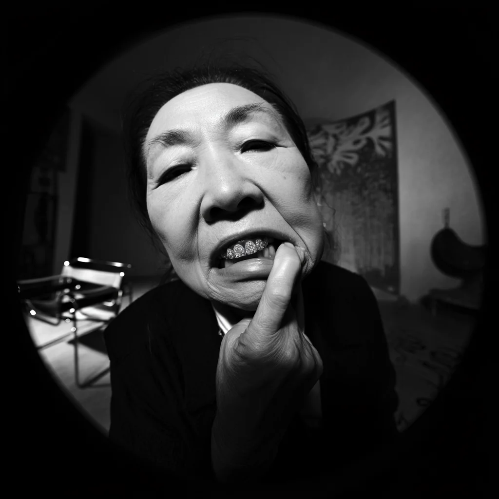Dramatic black and white album cover, close-up, fisheye lens. An elderly asian woman sits in a Wassily chair, bathed in a single spotlight. She uses her right pinky finger to pull down her lower lip, revealing a single diamond encrusted tooth. The background is a blur of abstract shapes and shadows, hinting at a mid-century modern aesthetic.