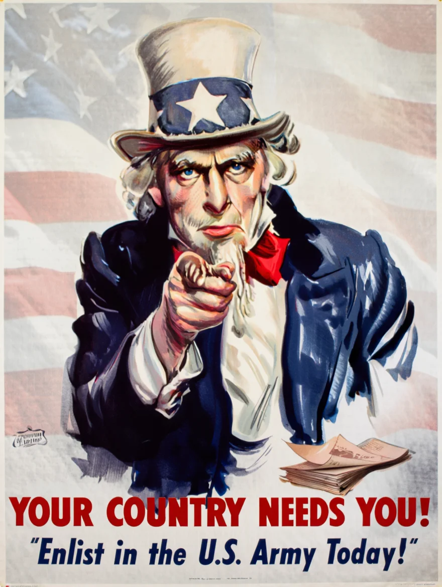 A determined Uncle Sam, dressed in his iconic blue jacket and top hat, leans forward, firmly clenching his fist on a stack of enlistment papers. His piercing blue eyes stare directly at the viewer, conveying the urgency of the situation. The poster reads "YOUR COUNTRY NEEDS YOU!" in bold red letters, followed by "Enlist in the U.S. Army Today!" in smaller font. The background features a faded American flag, adding a sense of patriotism.
