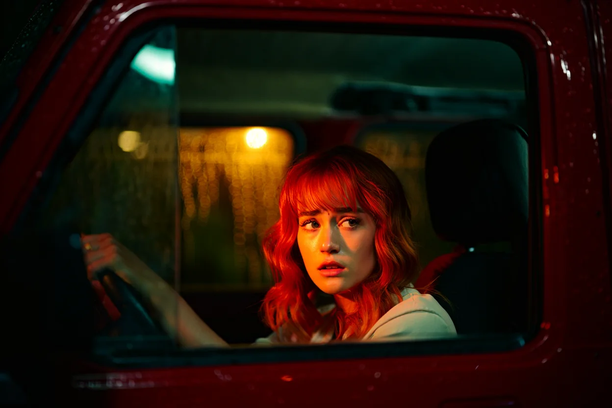 A dramatic overhead shot through a rain-streaked car window at night, capturing a young woman with fiery red hair gripping the steering wheel. Street lights cast colorful bokeh through the wet window, illuminating her worried expression with a warm glow. The composition is centered, using a wide lens with shallow depth of field to emphasize the tension of the moment. Vintage Agfa Vista film