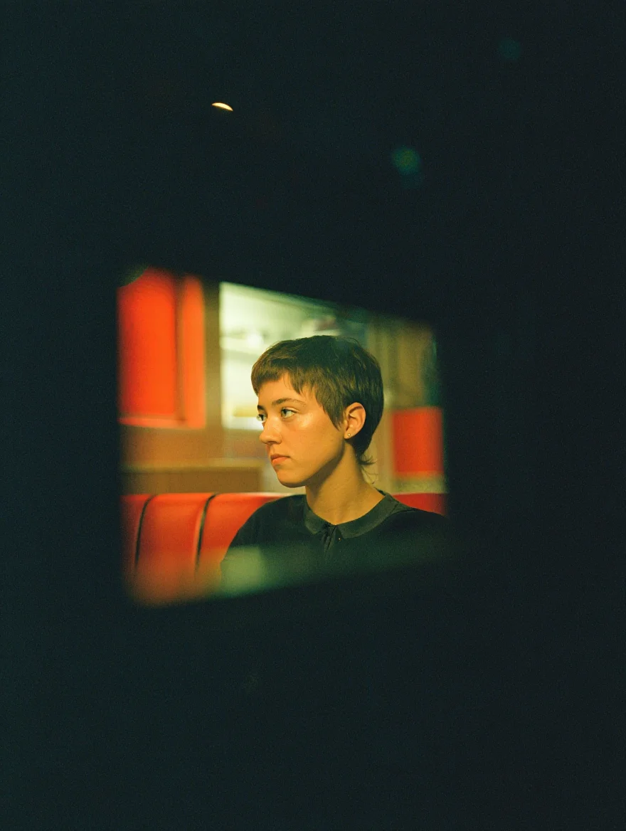 A young woman with a pixie cut and a 90s grunge look sits at a table in a dimly lit diner booth, captured on color-negative film stock with visible grain and a slightly green color cast. The image exhibits the hallmarks of point-and-shoot photography from the late 20th century, with subtle blurring due to camera shake and a slight softness to the overall focus. Light from the diner window casts a warm, orange glow on her face, while the rest of the scene fades into the shadows.