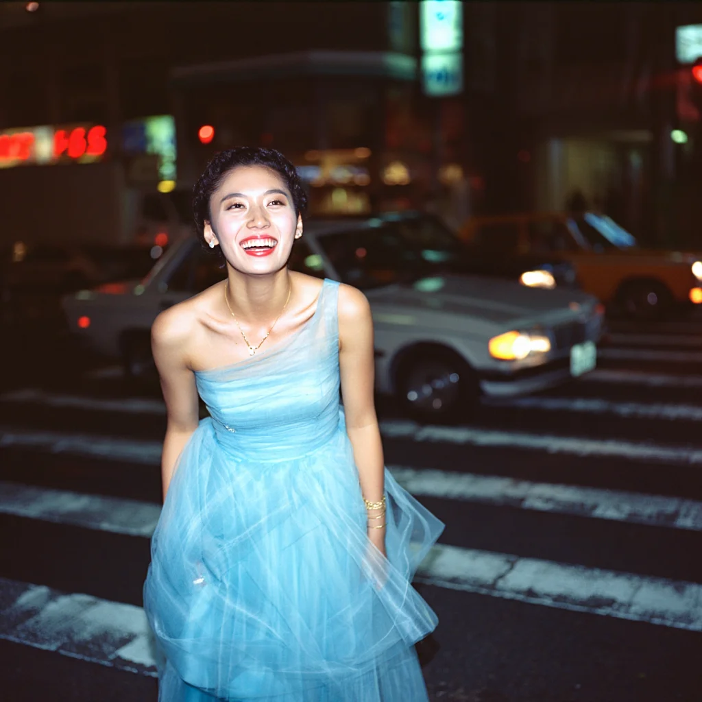 A flash-lit portrait photograph from the early 2000s showing a young Asian woman in an elegant light blue dress laughing in the middle of a busy intersection. The camera angle is low, capturing the reflection of neon signs in the wet asphalt of the crosswalk and the blurred headlights of passing cars. The photo has the telltale vignetting and soft focus of a disposable camera.