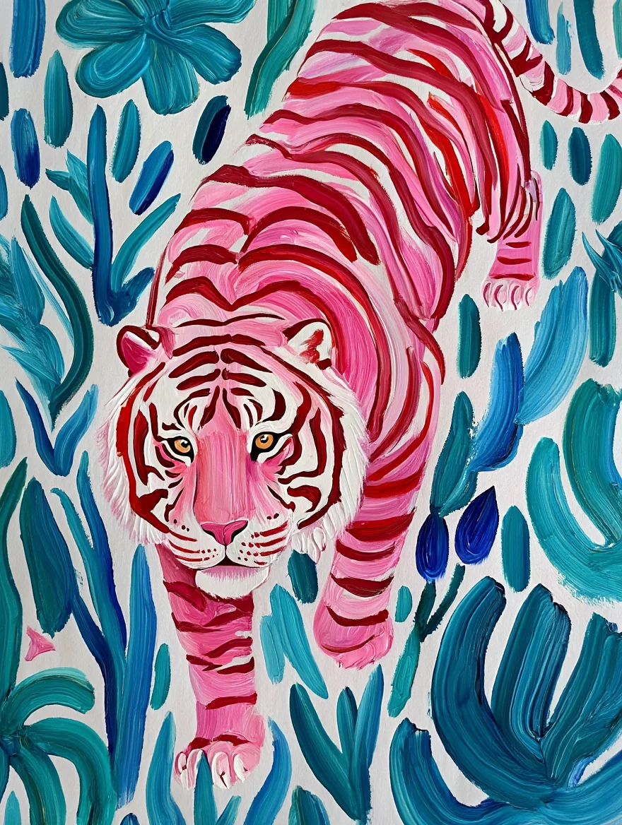A fingerpainted tiger with vibrant pink and red stripes emerges from a background of teal and blue fingerpainted florals and fauna. The tiger's form is defined by broad sweeping strokes of pink and red paint, while the background features abstract teal and blue plant shapes and organic patterns created with fingerpainting techniques. The tiger appears to be stepping forward from the painted flora, with its head and shoulders visible against the painted backdrop. Close-up photography of fingerpaint artwork with visible texture and brushstrokes under even studio lighting.