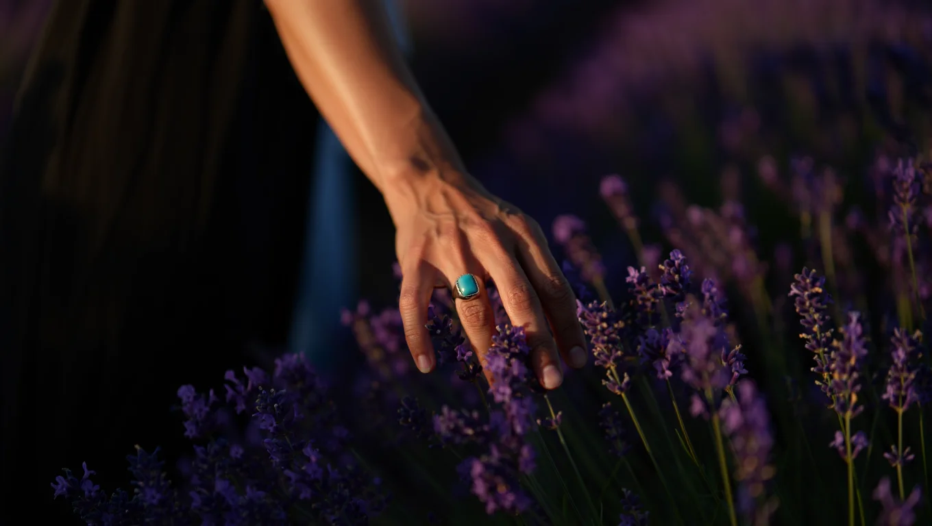 A close-up photograph captures a woman's hand adorned with a silver turquoise ring, delicately tracing the tops of purple lavender blooms in a field. Individual lavender stems sway and release their fragrance in response to her touch. The lavender field extends into soft bokeh in the background. The scene is illuminated by the warm, low light of golden hour, creating a dreamy atmosphere while maintaining visibility of the hand's interaction with the lavender. Low-light cinematic photography with shallow depth of field and Canon color science.