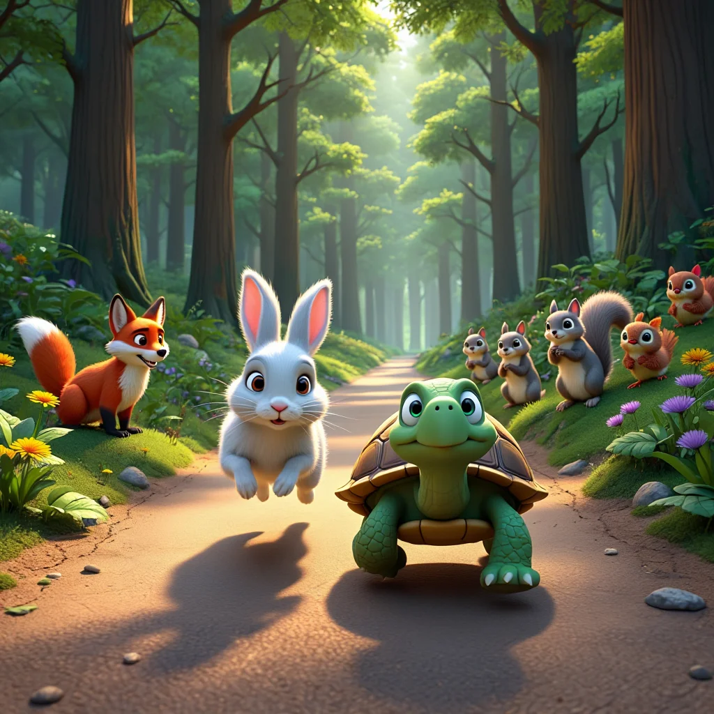 A dirt path winds through a dense forest where a white rabbit races alongside a green turtle. The rabbit's body is stretched in mid-stride while the turtle moves forward with steady determination. Along both sides of the path, a red fox, three grey squirrels, and five small birds in various shades of brown and red stand watching. The squirrels clap their paws while the birds wave green leaves in their beaks. Tall oak and maple trees with thick brown trunks rise up on both sides, their green canopy filtering golden sunlight onto the forest floor. The ground is covered with patches of purple wildflowers, yellow dandelions, and moss-covered rocks. Long shadows from the trees create a dappled pattern across the dirt path. 3D computer animation with bright colors and sharp details in a semi-realistic cartoon style.