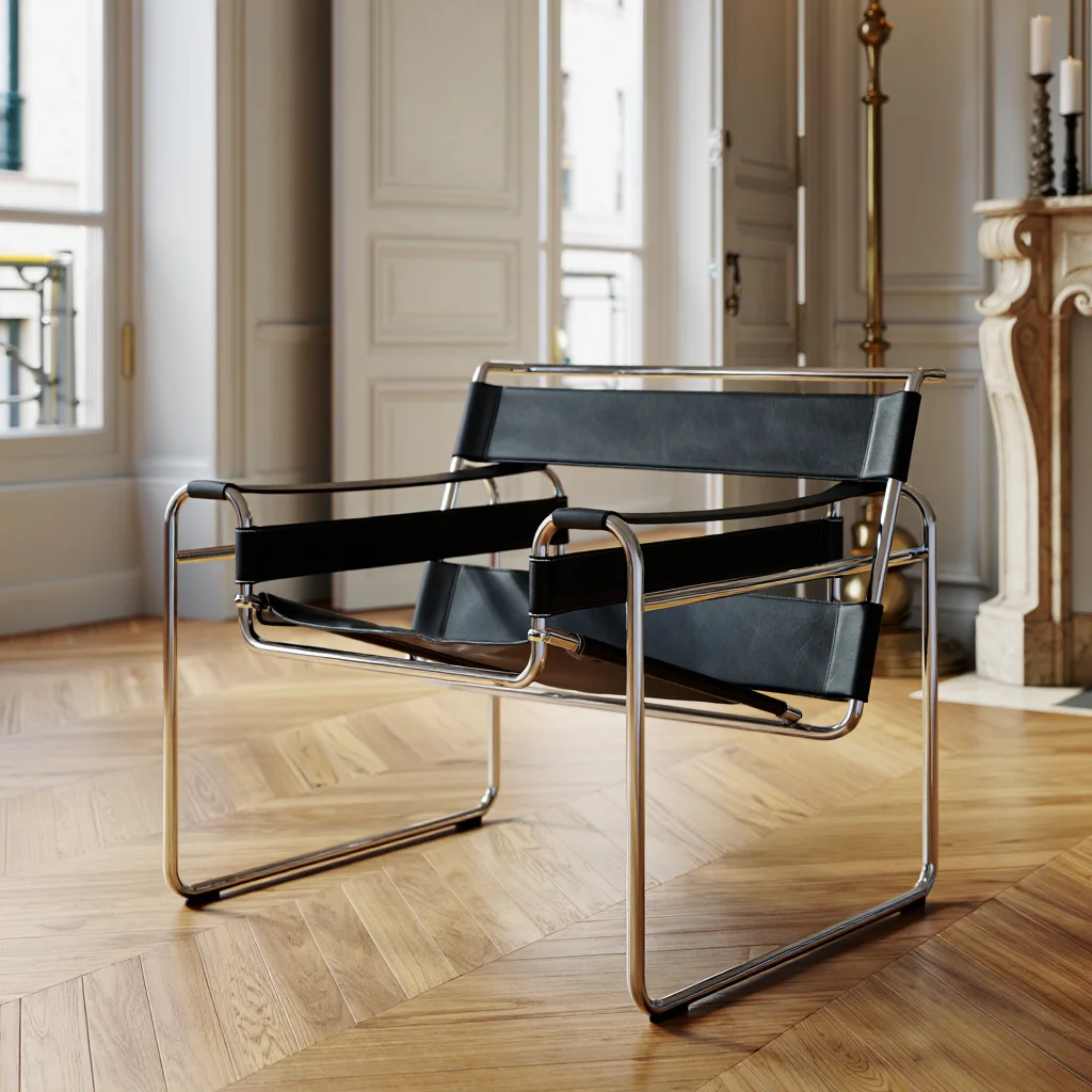 A black leather and chrome-plated steel Wassily chair sits in the corner of a Parisian apartment's living room. The chair's distinctive tubular frame and geometric design are highlighted against cream-colored walls with ornate crown molding. Tall windows with white curtains allow natural light to illuminate the space, while herringbone wooden flooring extends across the room. A portion of an antique brass floor lamp and carved marble fireplace mantel are visible in the background. Interior design photography with soft natural lighting and sharp focus on architectural details against neutral surfaces.