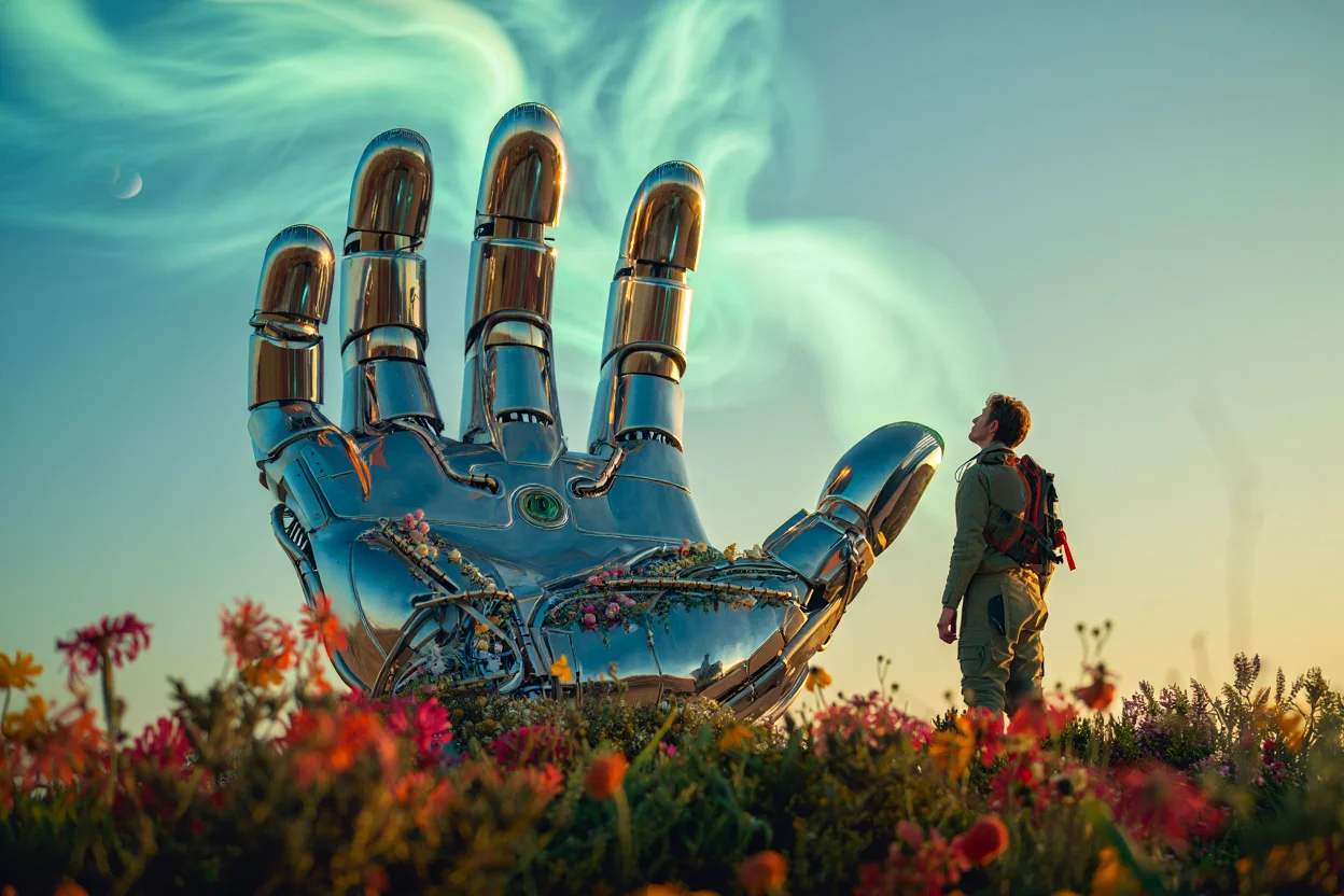 A colossal robotic hand, sculpted from polished chrome, emerges from a bed of vibrant wildflowers, its metallic surface adorned with intricate circuitry exposed by weathering. A lone explorer in a tattered environmental suit gazes up in wonder, dwarfed by the sheer scale of the hand, which reaches for a sky filled with swirling, bioluminescent clouds. Dense, otherworldly flora surrounds the scene, bathed in the ethereal glow of a double moon. Professional photography, emphasizing dramatic perspective and contrasting textures, renders the scene with hyperrealistic detail.