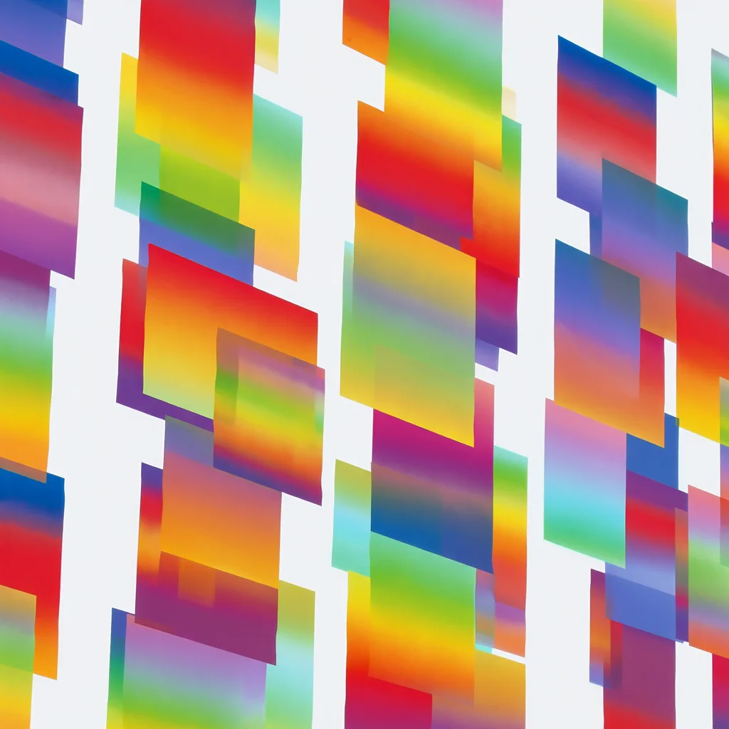 An abstract digital art piece featuring four vertical columns of rectangular gradient color blocks arranged in a slightly angled, non-uniform pattern against a clean white background. Each gradient block displays smooth transitions between vibrant colors including reds, yellows, greens, blues, purples, and oranges. The rectangular blocks vary in height and are arranged with small white spaces between them, creating a rhythmic visual pattern. The composition achieves balance through the distribution of color intensity and block sizes across the canvas. The even, diffuse lighting illuminates the color gradients uniformly, allowing the saturated hues to stand out prominently. The overall effect is a harmonious yet dynamic abstract composition that explores color relationships through geometric arrangement.