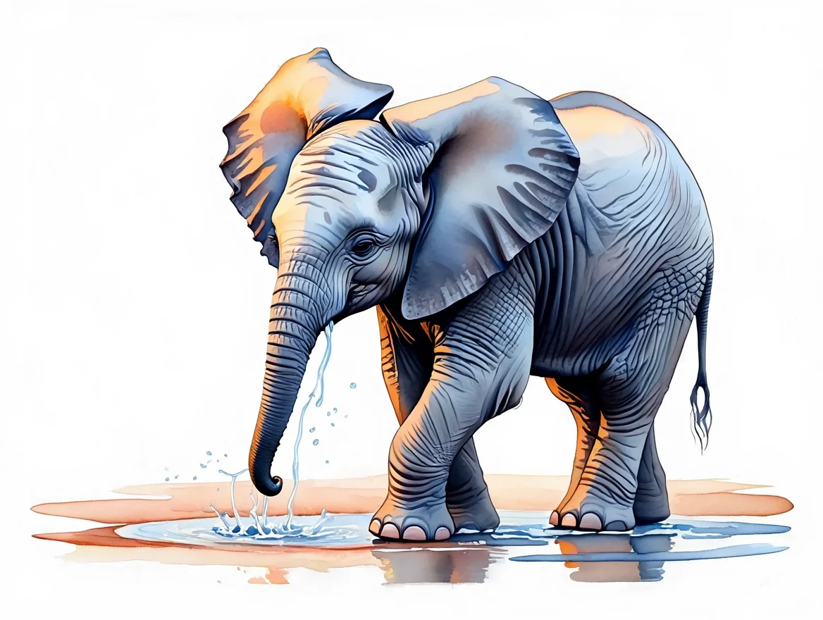 A watercolor painting of a baby elephant with wrinkled grey skin and oversized ears playfully splashing in a shallow puddle at sunrise. Golden hour light casts warm hues across the scene, reflecting softly in the disturbed water. The elephant's trunk, dripping with cool, clear water, is playfully raised, droplets catching the morning light. Traditional watercolor painting technique with soft edges and translucent washes against clean white paper.