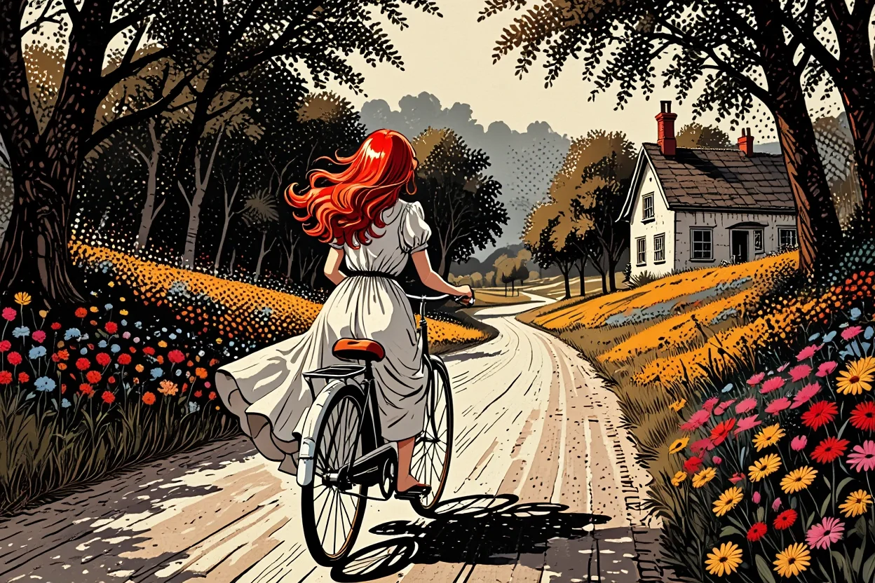 A stylized halftone print of a young woman with flowing red hair, wearing a billowing white dress, gracefully riding a vintage bicycle down a sun-dappled lane. The path, bordered by wildflowers in a riot of colors, winds towards a charming cottage nestled in the trees. The halftone pattern, rendered in sepia tones, evokes a sense of timeless beauty and romantic nostalgia, reminiscent of classic storybook illustrations. Photographic halftone effect with bold contrasting colors and vintage printed textures.