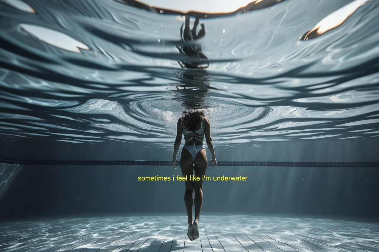 A desaturated underwater photograph taken from below a swimming pool's surface, showing rippling water patterns and distorted light rays characteristic of y2k photo editing aesthetic. A subtitle in yellow Arial font reads "sometimes i feel like i'm underwater" positioned at the bottom center of the image. The water's surface creates abstract patterns of light and shadow, with air bubbles visible floating upward through the water. Desaturated underwater photography with y2k-era digital editing effects and low contrast lighting.