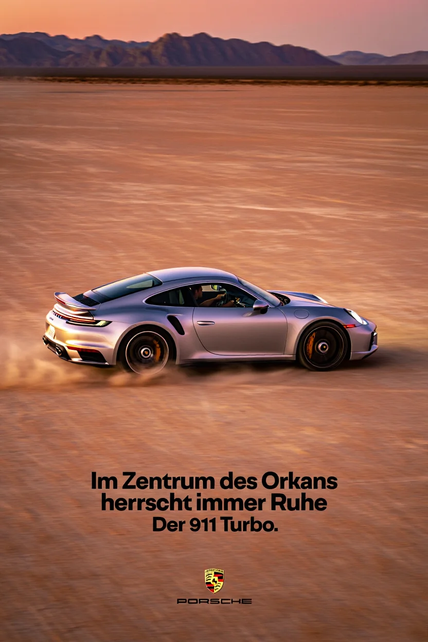 A sleek silver Porsche 911 Turbo speeds across the Black Rock Desert at dusk, kicking up a plume of dust in its wake. The low vantage point emphasizes the car's wide stance and the setting sun casts long shadows across the cracked, dry earth. The mountains in the distance are silhouetted against the fiery hues of the sky. The tagline "Im Zentrum des Orkans herrscht immer Ruhe" is etched in bold, black Helvetica Neue font across the bottom of the image, followed by "Der 911 Turbo." The Porsche logo with crest and wordmark sits below, small and unobtrusive.