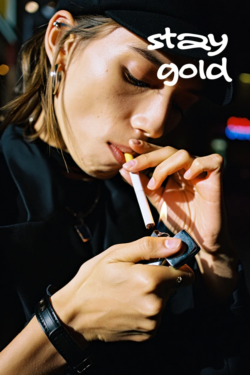 A close-up photograph with a vintage film lens focuses on the hands of a young woman wearing a worn leather wristband. Her head is tilted downward, her face hidden as she lights a cigarette with a vintage Zippo lighter. The flame reflects in her eyes. White text overlays the image, reading "stay gold" in a clear, handwritten font positioned at the top of the frame. The background is a bokeh blur of neon signs in an urban setting. Film photography aesthetic with high contrast lighting.