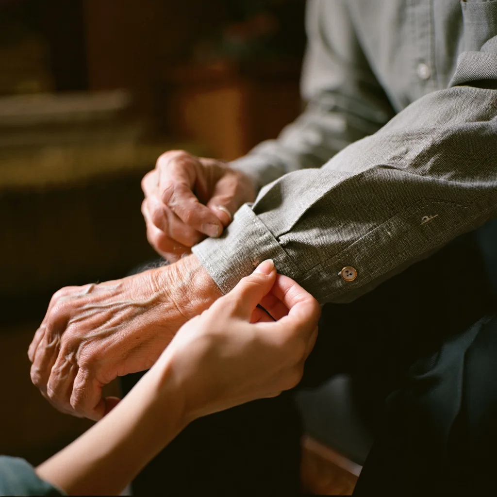 A vintage 35mm photograph, rich with warm tones, captures a young woman gently buttoning the cuff of an elderly man's linen shirt. The image is a tight close-up, filling the frame with the intimate gesture and the contrast between the smooth, youthful hand and the weathered, wrinkled hand. The shallow depth of field blurs the background, emphasizing the textures and details of the moment.