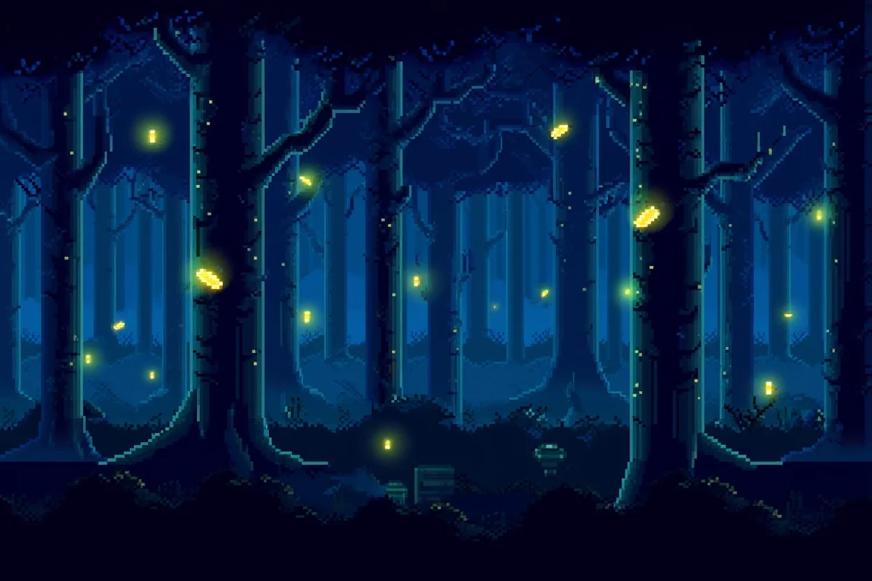 A dense forest scene with tall trees having luminous blue-green bark that emits a soft glow into the surrounding darkness. Multiple yellow fireflies hover at different heights throughout the scene, each giving off small points of warm light. The forest floor is covered with dark pixelated shadows, while the tree canopy above creates a textured ceiling of intertwined branches against a deep blue night sky. Pixel art rendering with limited color palette and sharp individual pixels creating a retro gaming aesthetic.