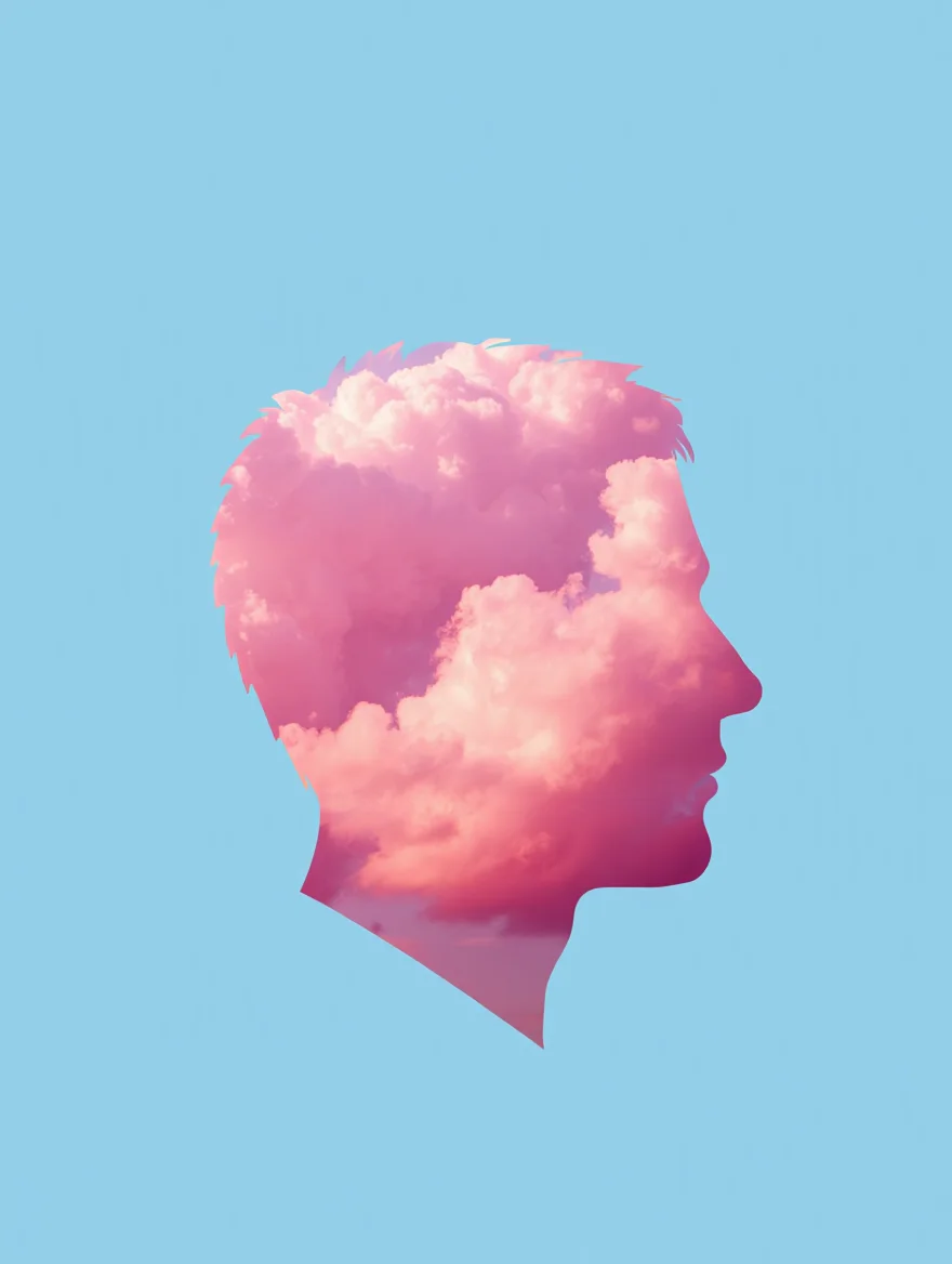A profile view of a head silhouette filled with pink cotton-like clouds against a pastel blue sky background. The clouds are fluffy and layered, visible only within the precise outline of the human head which faces toward the right side of the image. The boundary between the head silhouette and the surrounding light blue sky is sharp and well-defined, creating a clear distinction between the cloud-filled interior and the solid-colored exterior. Double exposure photography with sharp silhouette edges and soft natural lighting.