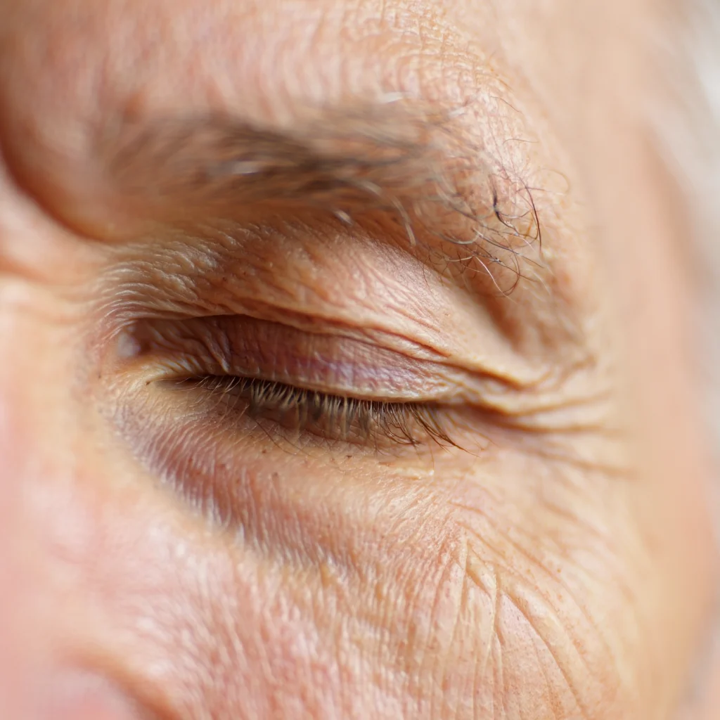 An extreme close-up macro photograph of human skin texture around the eye, showcasing the transition between delicate eyelid skin and the thicker skin surrounding the eye. The photograph captures the intricate network of fine lines, wrinkles, and pores, illuminated by soft, diffused light that highlights the skin's natural translucency and the subtle interplay of light and shadow. Shallow depth of field emphasizes the fine wrinkles radiating from the corner of the eye.