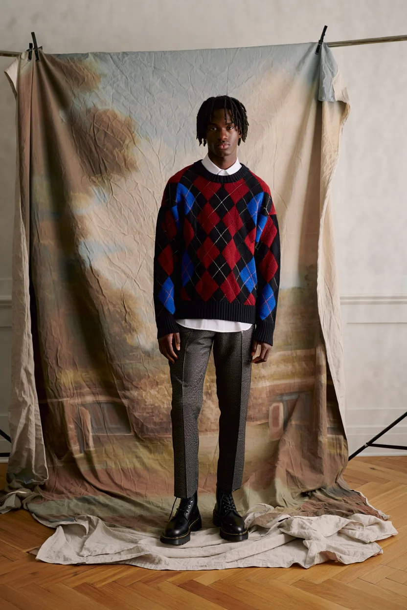 A young black man with short dreadlocks stands centered in front of a draped canvas backdrop that features a soft, painterly landscape scene. The fabric backdrop is pinned at the top and cascades onto the wooden floor, creating natural folds and wrinkles. He wears an oversized, textured sweater with a bold red, blue, and black argyle pattern layered over a crisp white collared shirt. His tailored checkered trousers in grey and black tones and black leather lace-up boots complete the look. The lighting is moody and diffused, casting soft shadows across his face and clothing. The scene is captured on film, emphasizing the subdued color palette of earth tones and muted primary colors. Professional fashion photography with soft diffused studio lighting and film grain texture.