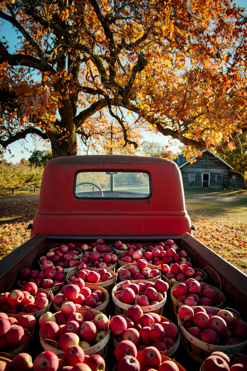 A rusty red vintage pickup truck, its bed filled with overflowing baskets of crimson apples, sits beneath a massive oak tree, its branches ablaze with fall foliage. Sunlight filters through the leaves, dappling the truck and the orchard floor with warm light. In the distance, a weathered wooden farmhouse stands silhouetted against the vibrant autumn landscape. Cinestill 2D film aesthetic with classic film grain.