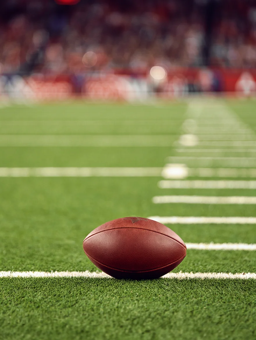 A well-worn leather football rests on the precisely marked green turf of a football field, positioned in the foreground of the image. The brown football with its characteristic white laces sits at the edge of the yard line markers. The background shows the stadium lights illuminating a defocused crowd, creating a soft bokeh effect and emphasizing the vastness of the stadium. Sports photography with grainy film texture, shot on vintage 35mm film.