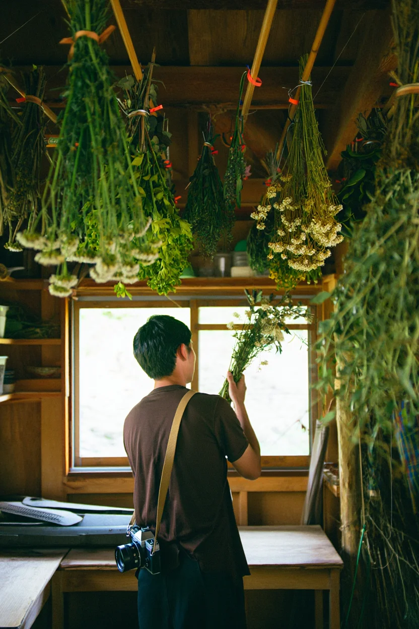 A rustic indoor scene of a drying room with bundles of herbs and flowers hanging from wooden ceiling beams. The herbs are various shades of green, with some clusters of white flowers among them. A person wearing a brown shirt, carrying a small vintage camera on a shoulder strap is seen inspecting the plants near a window, with their back partially turned to the viewer. The space has wooden elements, soft natural lighting, and a slightly cluttered, functional atmosphere, evoking a warm, organic, and rural aesthetic. Shot with a vintage film camera with the flash on, drenching the herbs in flash. Vintage film photography with harsh flash illumination and high contrast between light and shadow.
