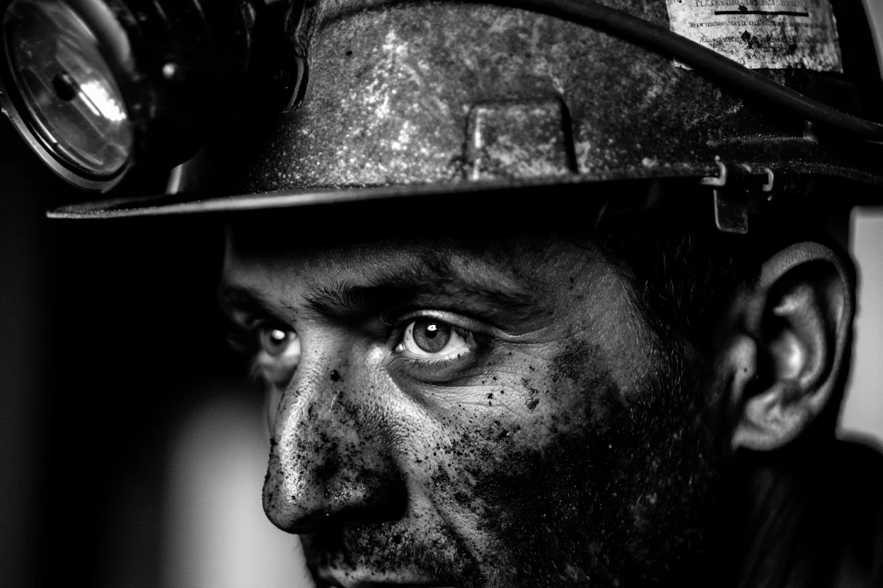 A close-up portrait photograph of a coal miner's face, focusing on his eyes beneath a coal-stained brow. His face is covered in black coal dust, creating stark contrast against the whites of his eyes. The miner wears a traditional hard hat with a headlamp, and his weathered skin shows traces of coal residue. The background is dark and out of focus, suggesting the underground mining environment. Black and white documentary photography with dramatic side lighting and sharp focus on facial features.