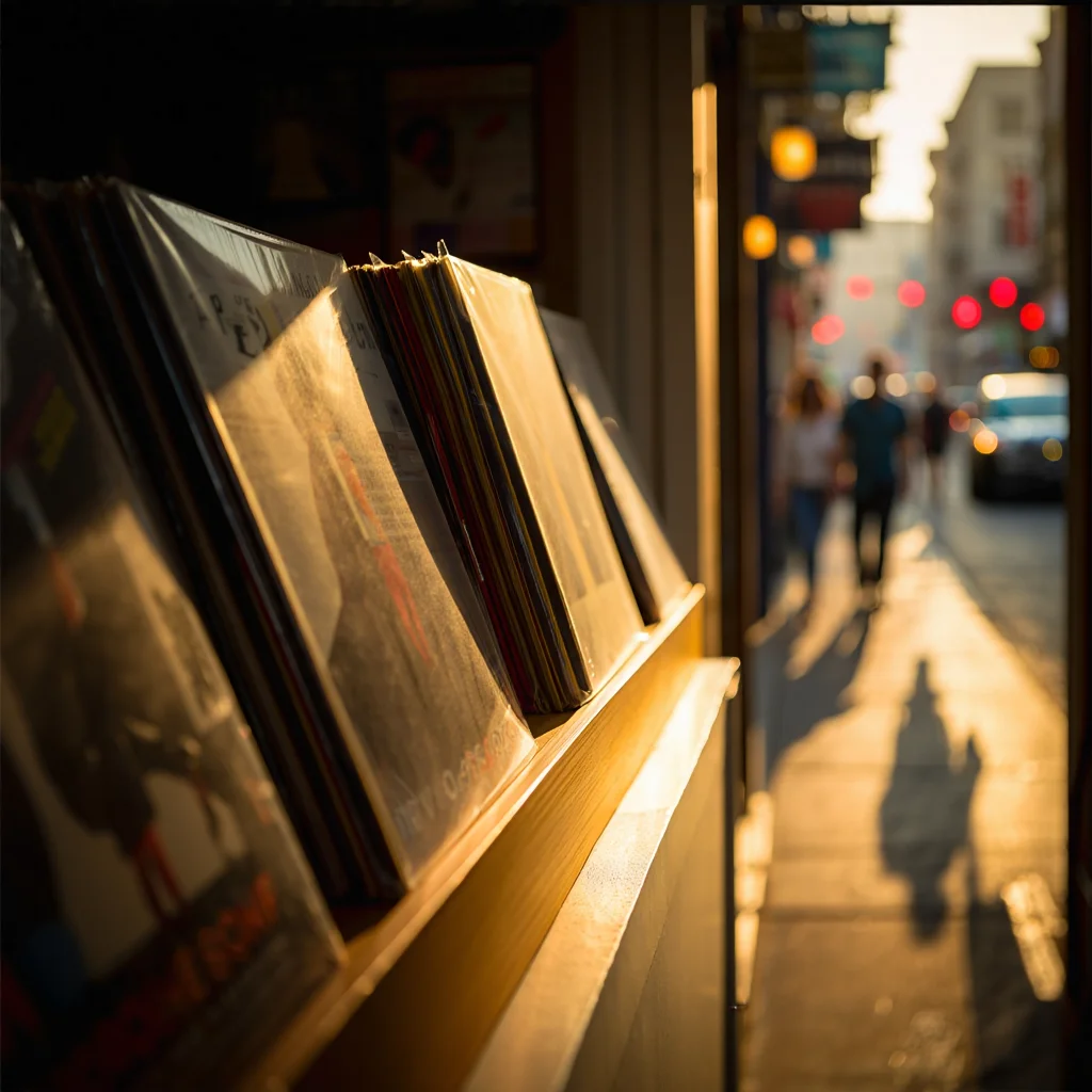 A close-up photograph of a sun-drenched windowsill in a vintage record store. Dusty vinyl records lean against one another on the sill, bathed in warm, golden light. The window looks out onto a bustling city street scene, with blurred pedestrians and traffic below. The image evokes a sense of nostalgia and the enduring allure of vinyl records.