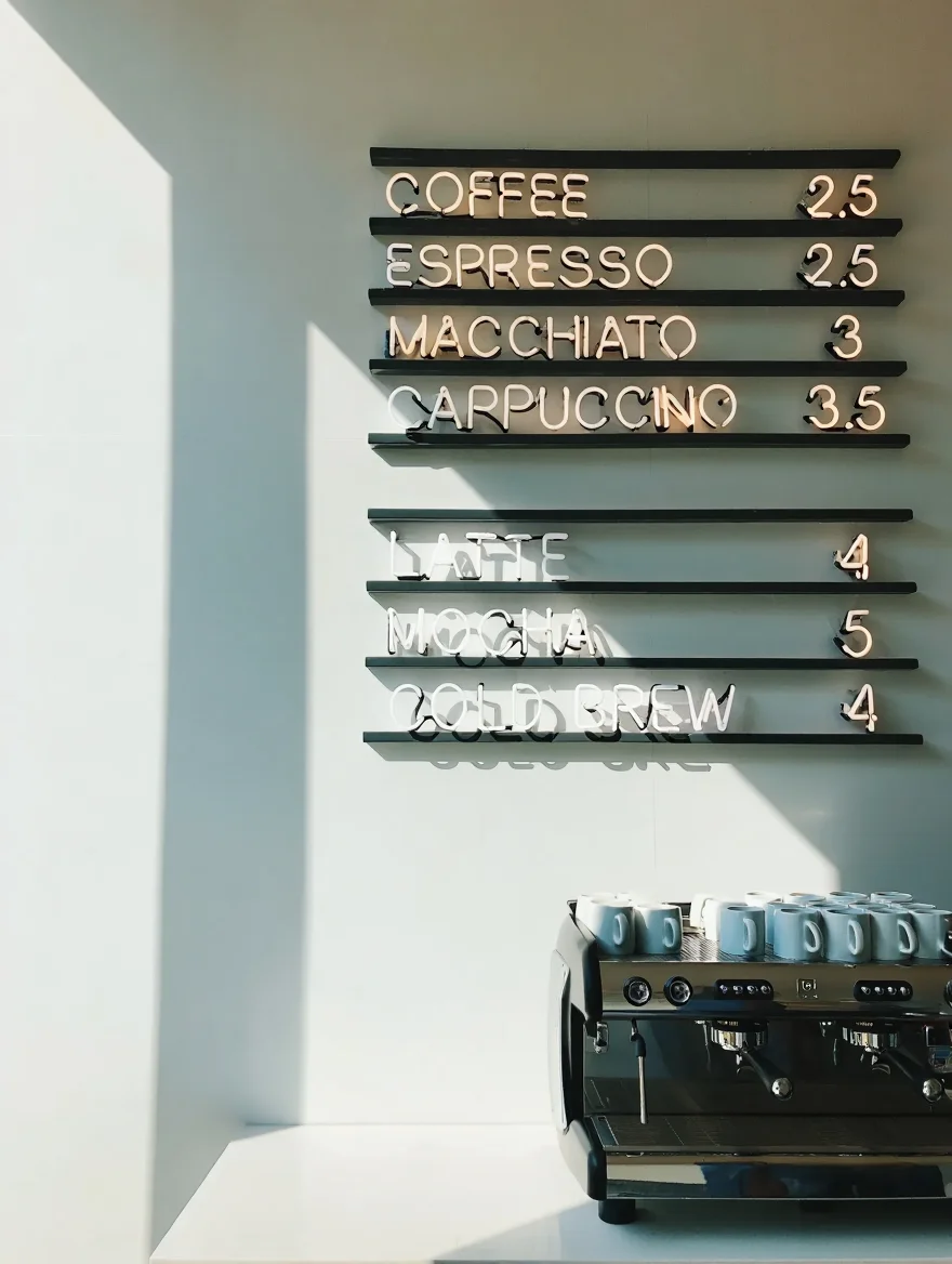 A sun-drenched minimalist coffee shop corner with a menu board of black metal grid panels displaying beverage options in white neon lettering: "COFFEE 2.5", "ESPRESSO 2.5", "MACCHIATO 3", "CAPPUCCINO 3.5", "LATTE 4", "MOCHA 5", "COLD BREW 4". A sleek espresso machine and a row of ceramic coffee mugs rest on the white countertop below.