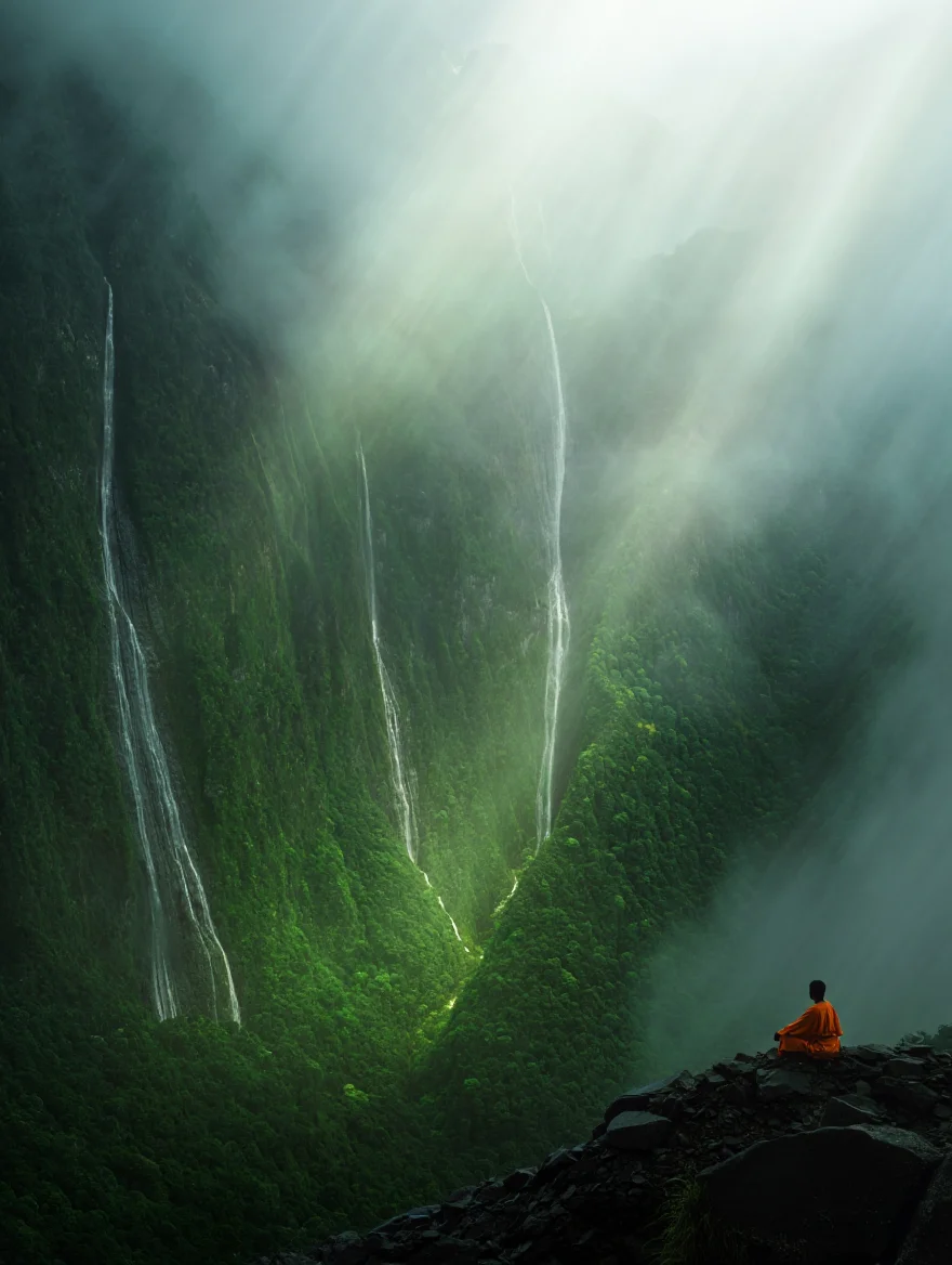 A dramatic digital painting of a hidden valley in the Himalayas, shrouded in mist and illuminated by shafts of light. Towering waterfalls cascade down the verdant cliffs, their bases lost in the clouds below. A lone figure meditates on a rocky outcrop, a splash of orange robes against the green, their silhouette a testament to the immense scale of the environment.