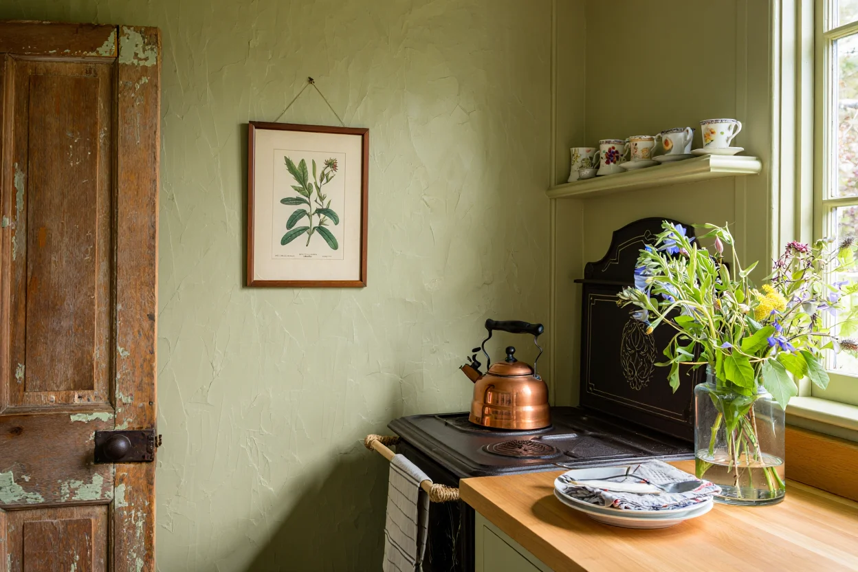 Sun-drenched corner of a vintage-inspired kitchen featuring a distressed wooden door tucked under a floating shelf displaying a collection of antique teacups. A framed botanical print hangs on a pale green textured wall above a vintage cast iron stove with ornate detailing. A butcher block countertop is adorned with a copper tea kettle, a stack of linen tea towels, and a vase filled with freshly cut wildflowers. Warm, natural light streams through the window, highlighting the patina of the wood and the textures of the vintage elements. Interior photography with soft, diffused lighting and a focus on natural textures and patina.