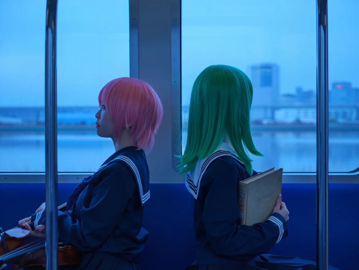 A medium shot inside a train car illuminated by the soft blue hues of early twilight. Two young women in navy blue sailor uniforms, one with short pink hair and the other with long flowing green hair, gaze thoughtfully out separate windows at the city skyline rushing past. One clutches a violin case, the other a worn paperback novel. The atmosphere is peaceful, hinting at the quiet anxieties of adolescence.