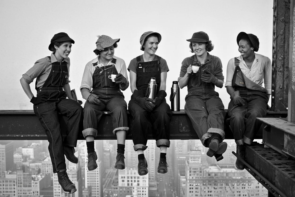 Five female riveters perched on a narrow steel beam hundreds of feet above the bustling streets of 1930s Chicago. Wearing their standard workwear of denim overalls and leather gloves, the women take a break from their work on the construction of the first skyscraper, enjoying coffee from metal thermoses and sharing a laugh. The grayscale image, reminiscent of Depression-era photography, showcases their camaraderie and fearlessness against the backdrop of a rapidly modernizing city.