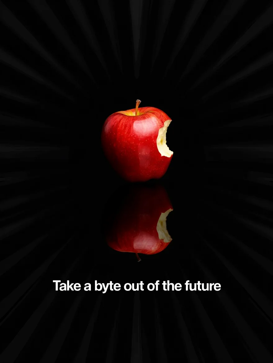 A 1977 Apple Computer magazine spread featuring a single red apple with a single bite taken out of it, set against a black background with a subtle radial gradient. The tagline "Take a byte out of the future" is written in white Helvetica font, positioned below the apple. The image evokes a sense of mystery, intrigue, and the cutting edge of technology.