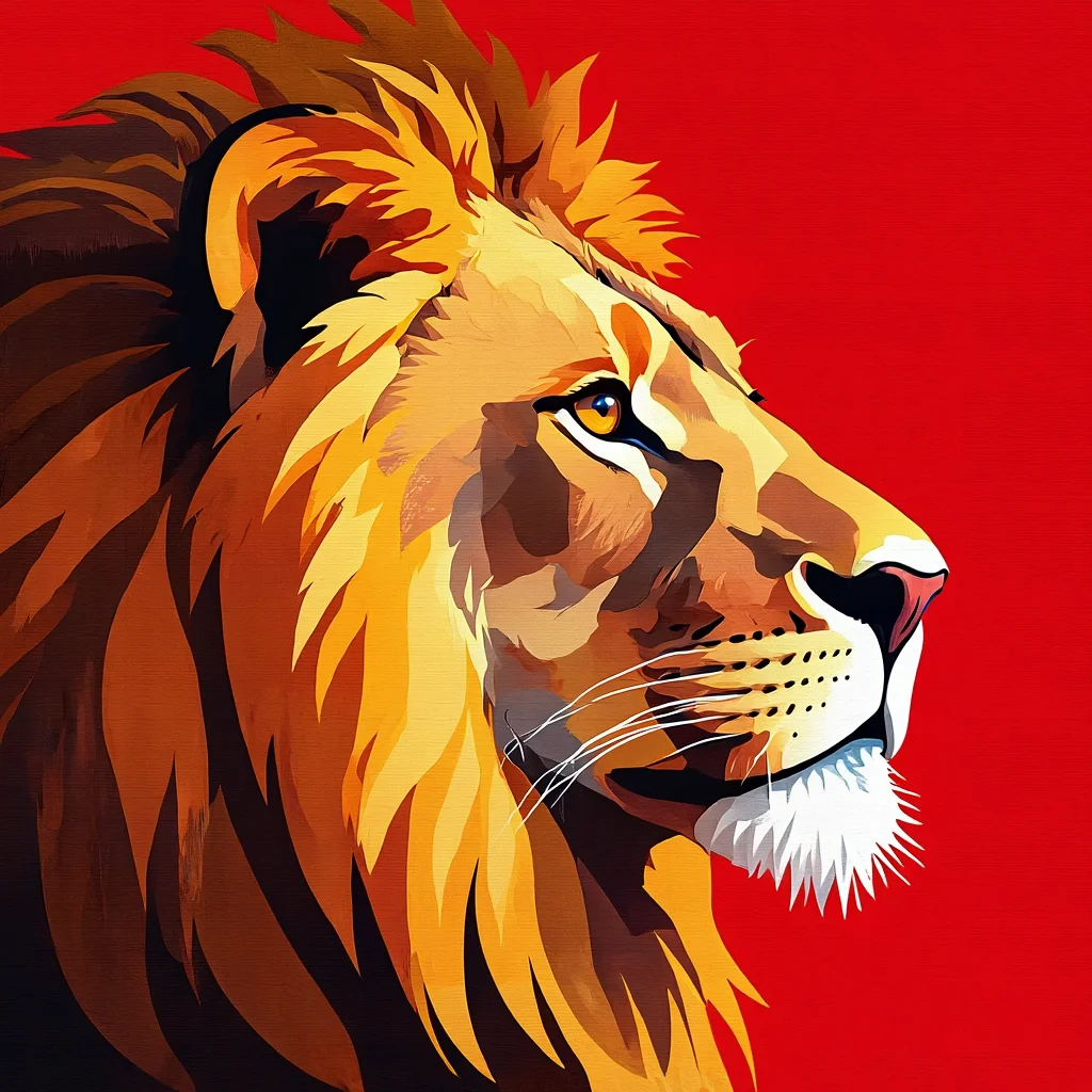 A digital illustration of a majestic lion's head in profile view against a solid crimson background. The artwork employs a distinctive cross-hatched texture technique throughout, creating depth and dimension. The lion features a golden mane with hints of brown and black, a piercing amber eye, and precise white facial markings including detailed whiskers. The composition is right-heavy, with the lion's head dominating the frame in a close-up profile shot. The warm colors of the lion create a regal contrast against the bold red background, resulting in a powerful and minimalist artistic interpretation. The shapes and pattern are unusually simple and geometric, simplifying the form. Digital illustration with cross-hatched texturing and geometric shapes rendered in a minimalist style against a solid color background.