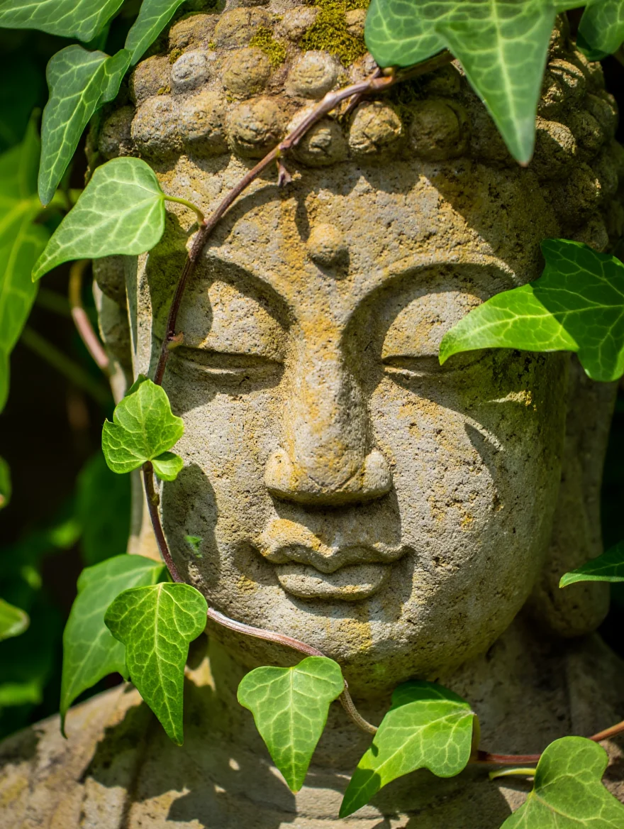 Sunlight filters through the leaves of a climbing ivy plant, casting intricate shadows across the weathered face of a moss-covered stone Buddha. The statue's serene expression is partially obscured by delicate vines and lush green leaves, highlighting the texture of the ancient, eroded stone. Macro photography with a shallow depth of field emphasizes the contrast between the smooth leaves and the rough stone.