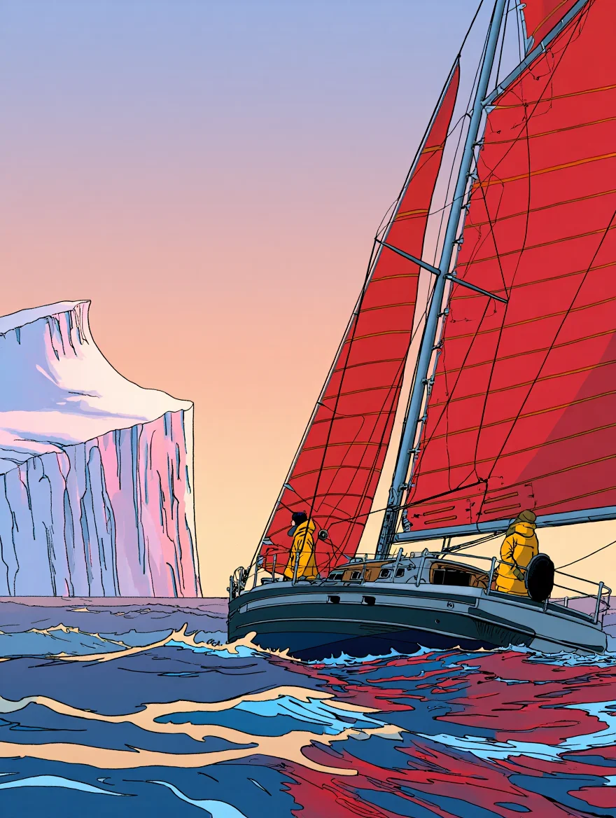 A sleek sailboat with striking red sails battles through a churning Arctic ocean at sunset, its reflection fragmented in the choppy water. Towering above the sailboat, a colossal iceberg, tinged pink by the setting sun, dwarfs the vessel. Two figures in bright yellow parkas struggle with the rigging on the deck, while another huddles in the hatchway. French comic book style, like Tin Tin with bright saturated colors and clear, thin linework.