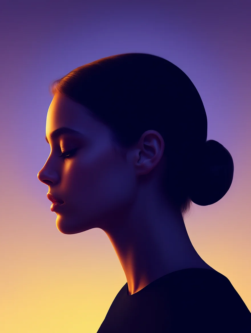 A captivating digital artwork depicting a feminine profile silhouette facing left, her features outlined by the soft glow of dawn against a serene gradient of indigo, violet, and warm gold. The close-up composition emphasizes her graceful silhouette, bathed in the ethereal, otherworldly light of the approaching sunrise.