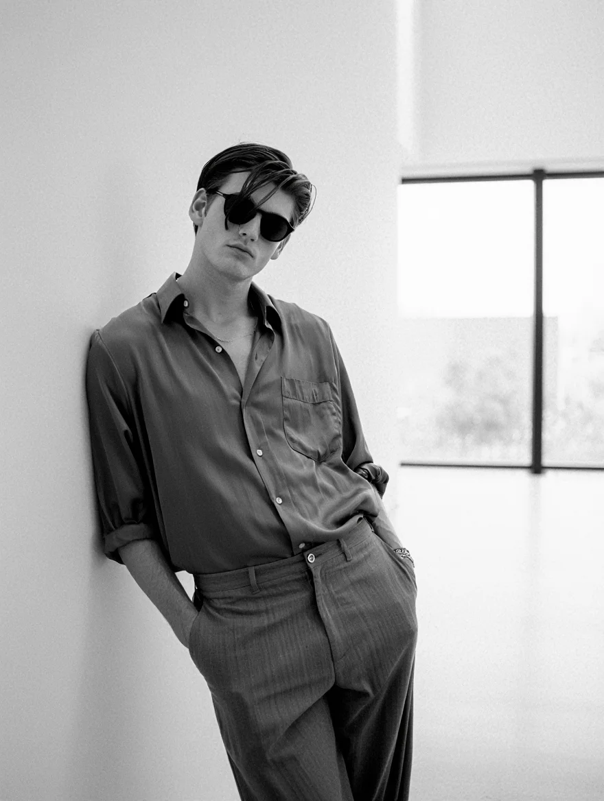 A black and white film photograph from the 1990s shows a man leaning against a wall in a modern art gallery. He wears loose-fitting clothing, including a gray button-down shirt and dark sunglasses. Natural light enters from a large window behind him, illuminating the minimalist gallery space. The man's pose is relaxed and contemplative, reflecting the cool aesthetic of the era.