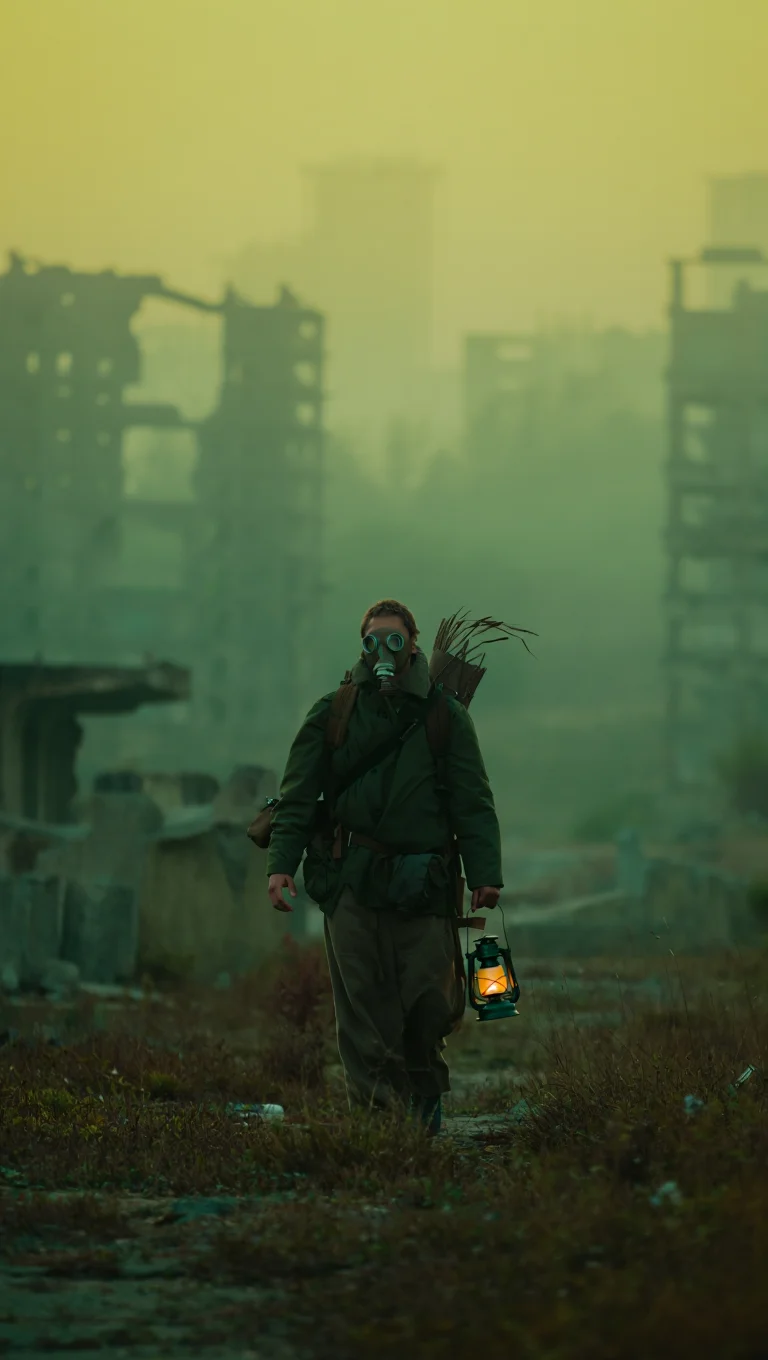 A lone wanderer in tattered clothing and a re-purposed gas mask traverses a desolate, overgrown cityscape. The figure carries a salvaged backpack and holds a flickering oil lamp, casting long shadows through the crumbling concrete ruins. A dense, green fog hangs in the air, obscuring the decaying skyscrapers in the distance. The scene is dominated by muted greens and browns, with a sickly yellow sky barely visible through the haze. Low-angle, cinematic photography with a 16:9 aspect ratio, utilizing a grainy film stock aesthetic, deep shadows, and muted color grading.