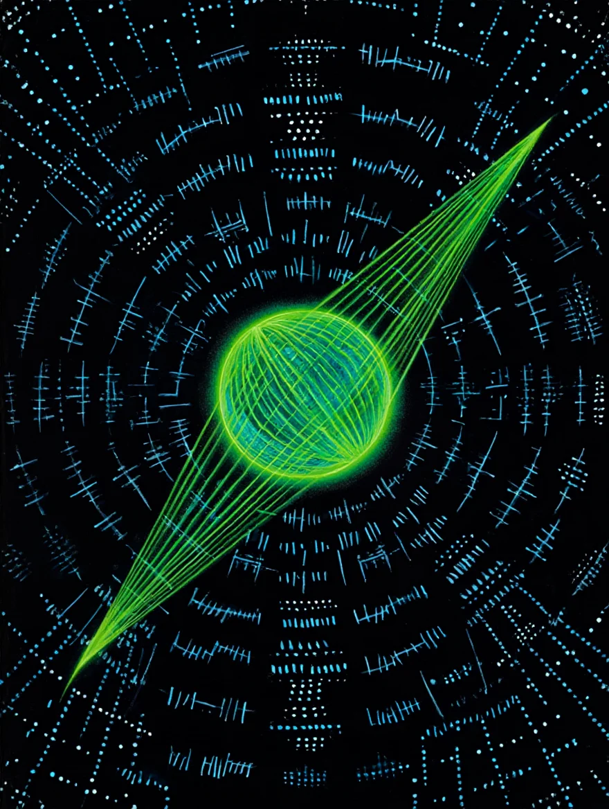 A vintage sci-fi paperback cover from the 1970s, set at sunset, depicting an alien artifact formed by a grid of neon green laser beams. The beams intersect to create a shimmering, ethereal orb, casting long shadows across a desolate lunar surface. Intricate glyphs composed of glowing dots and dashes in a contrasting blue hue surround the orb, forming an ancient alien language. The glyphs are arranged in concentric circles, creating a hypnotic pattern that extends to the edges of the cover. Airbrushed illustration with grainy texture, emphasizing the stark contrast between the vibrant green and blue against the dark, cool tones of the lunar landscape.